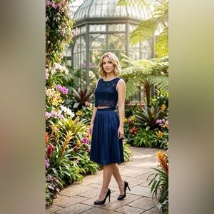 Share RACHEL Roy Imperial Blue Lace Top Chiffon underlay /Exposed Gold Zipper